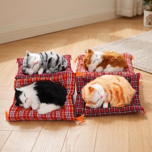 May include: Four plush cat figurines in sleeping positions, each resting on a small red and black plaid cushion. The cats feature different fur patterns: one grey tabby, one orange and white, one black and white, and one orange tabby.