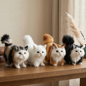 Realistic Fluffy Cat Figurine - Miniature Plush Kitten Decor - Desk Pet Gift for Cat Lovers
