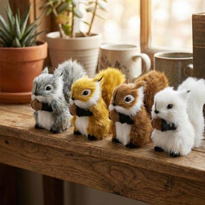 Puede incluir: Cinco figuras de peluche de ardillas en varios colores: gris, amarillo, marrón y blanco. Cada ardilla sostiene una pequeña nuez. Las figuras están expuestas sobre una superficie de madera, con plantas y tazas en el fondo.