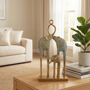 Elephant Family Statue - Long Leg Stylized Animal Sculpture, Boho Unity Decor