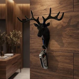 Puede incluir: Un gancho de pared con cabeza de ciervo negro con cuernos, montado en una pared de madera. Un juego de llaves cuelga del gancho. Un artículo decorativo y funcional para entradas o dormitorios.