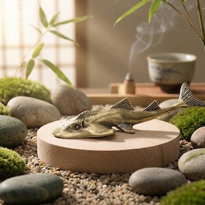 May include: A bronze-colored fish-shaped incense holder rests on a wooden platform, surrounded by stones and moss. The incense holder is the focal point, with a detailed design. The scene evokes a sense of tranquility and zen.