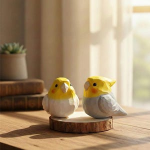 Puede incluir: Dos figuras de pájaros de madera talladas a mano. Una es blanca y amarilla, la otra gris y amarilla. Ambas tienen un aspecto detallado y texturizado y están posadas sobre un pequeño disco de madera. Los pájaros están sobre una mesa de madera.