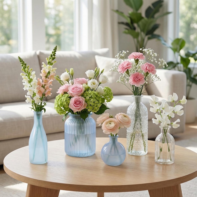 May include: A collection of fresh flowers in various glass vases on a round wooden table. The flowers include pink roses, carnations, and white sweet peas. The vases are in shades of blue and clear glass, creating a bright and airy display.
