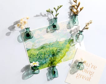Handgjorda mini-glasvaser med kylskåpsmagneter, vintageblomma och kattmorrhårshållare, unik present till henne, husdjursälskare, inflyttningsfest, presenter till nya hem