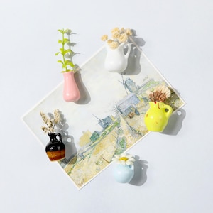 Könnte beinhalten: Eine Sammlung von Miniatur-Keramikvasen in verschiedenen Farben, darunter Rosa, Weiß, Gelb, Schwarz und Blau, die jeweils getrocknete Blumen oder Grünzeug enthalten. Die Vasen sind auf einer Postkarte mit einem Landschaftsbild angeordnet.