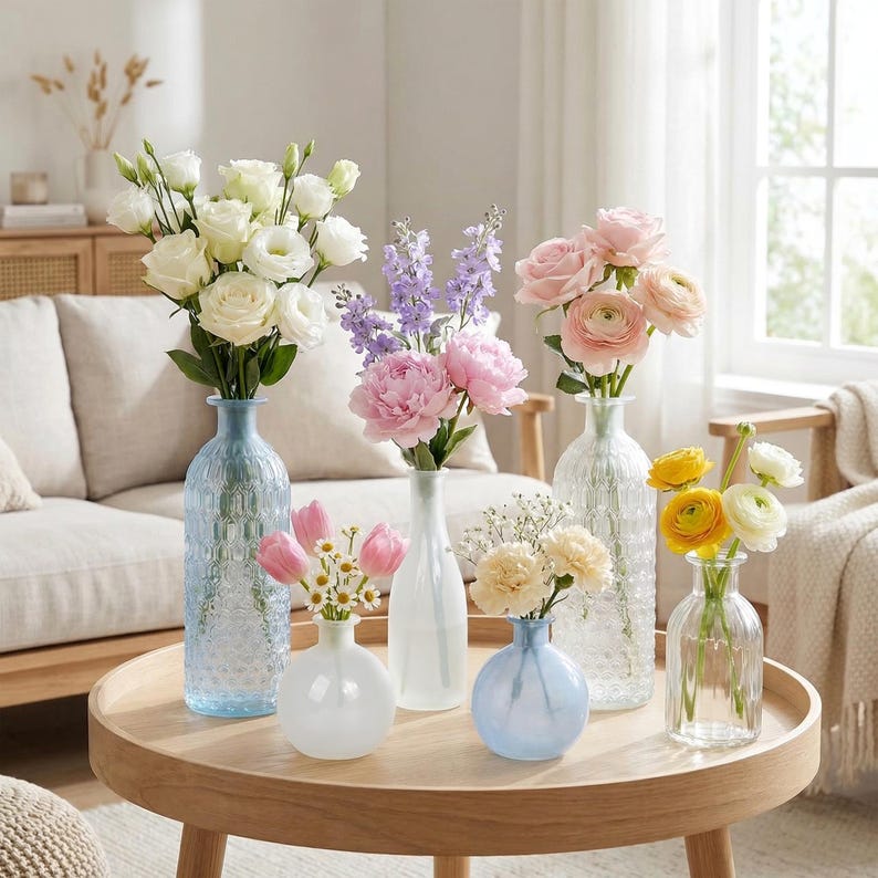 May include: A collection of glass vases of various shapes and sizes, each holding fresh flowers. The vases are arranged on a round wooden table. Flowers include white roses, pink peonies, and yellow ranunculus. The vases are clear, blue, and white.