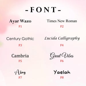 May include: A graphic displaying different font styles. The fonts include "Ayar Wazo," "Times New Roman," "Century Gothic," "Lucida Calligraphy," "Cambria," "Great Vibes," "Airy," and "Yaelah." Each font is shown with its name and a reference code.
