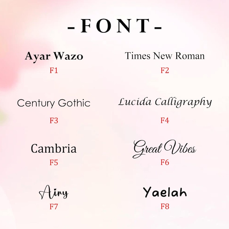 May include: A graphic displaying different font styles. The fonts include "Ayar Wazo," "Times New Roman," "Century Gothic," "Lucida Calligraphy," "Cambria," "Great Vibes," "Airy," and "Yaelah." Each font is shown with its name and a reference code.