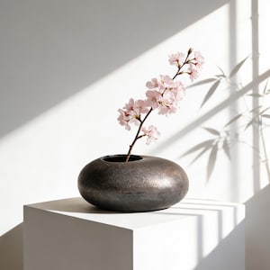 Personlig graverad Wabi Sabi keramisk vas med nålgroda, låg sten Ikebana-blomhållare, minimalistiskt zenhem, rustik hylla och borddekor bild 2