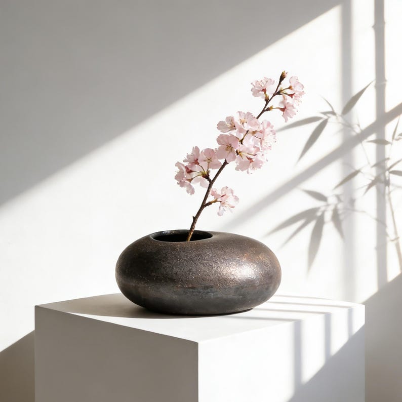 Personlig graverad Wabi Sabi keramisk vas med nålgroda, låg sten Ikebana-blomhållare, minimalistiskt zenhem, rustik hylla och borddekor bild 2