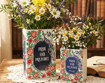 Personlig keramisk bokvas, unik bokformad vas för blommor, söt liten blomvas, boklig heminredning, bokhylla, litterär present till henne