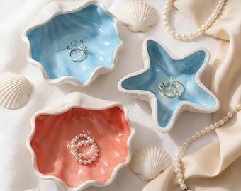 Mothers day Engagement Gift,Bridesmaid Favors,Proposal Gifts,Personalized Shell Ring Dish,Starfish jewelry dish,Something Blue and Red