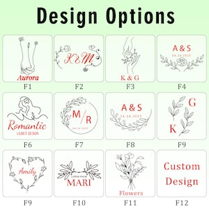 May include: A graphic displaying design options for custom products. The designs feature line art illustrations of hands, flowers, initials, and text. The text includes the words "Aurora", "Romantic", "Amily", "Flowers", and "Custom Design".