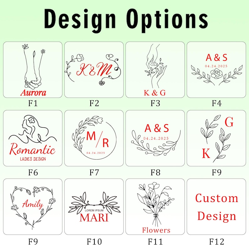 May include: A graphic displaying design options for custom products. The designs feature line art illustrations of hands, flowers, initials, and text. The text includes the words "Aurora", "Romantic", "Amily", "Flowers", and "Custom Design".