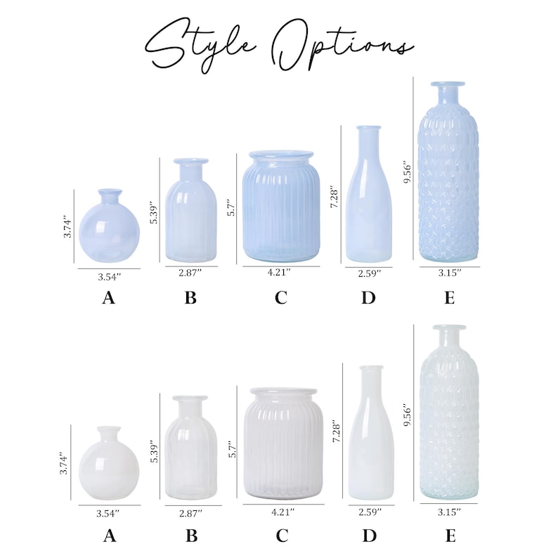 May include: Collection of glass vases in various shapes and sizes, including round, cylindrical, and bottle-shaped designs. The vases are available in both light blue and white, with heights ranging from 3.74 inches to 9.56 inches.
