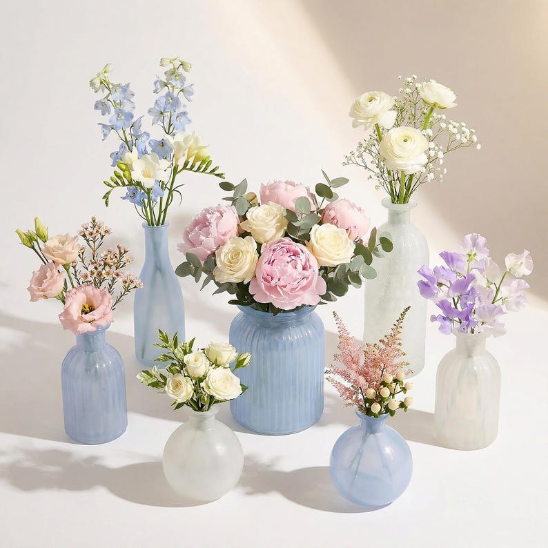 May include: An assortment of colorful flowers in various glass vases. The vases are in shades of blue, white, and frosted glass. The flowers include peonies, roses, and other delicate blooms, creating a fresh and elegant display.