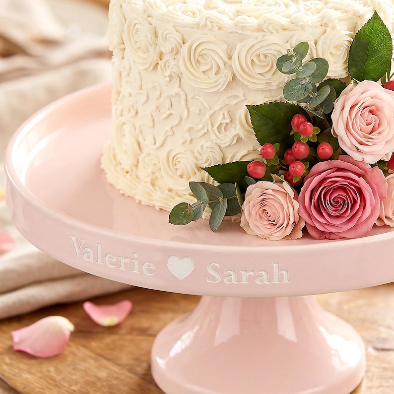 May include: A pale pink ceramic cake stand supporting a white, floral-decorated cake. The cake is garnished with pink roses, red berries, and green foliage. The names "Valerie" and "Sarah" are inscribed on the stand.