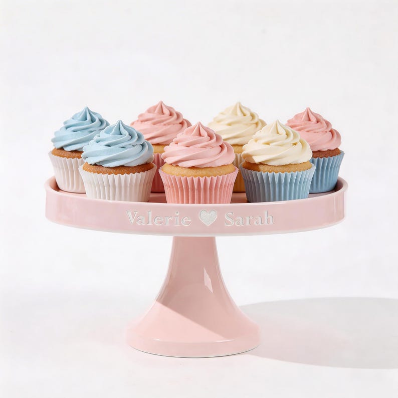 May include: A pink cake stand displays eight cupcakes with pastel-coloured frosting. The cupcakes have blue, pink, and yellow frosting. The cake stand has the names "Valerie" and "Sarah" with a heart symbol.