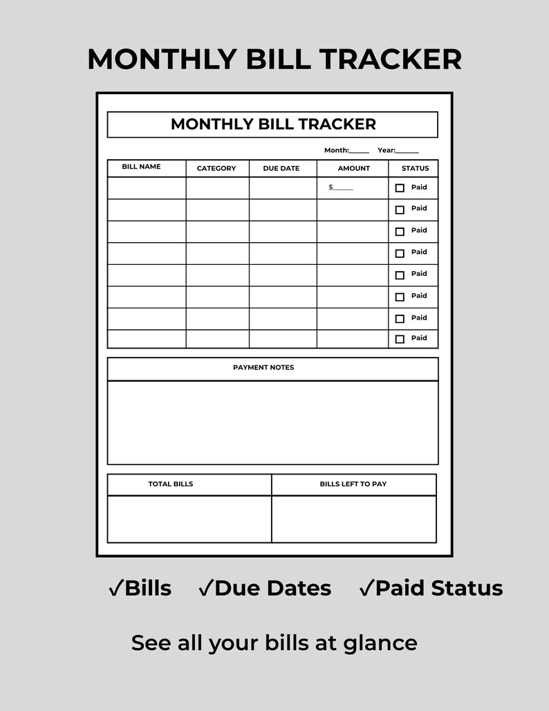 Bill Tracker Printable ⎮monthly Bill Organizer Pdf⎮minimalist Finance ...