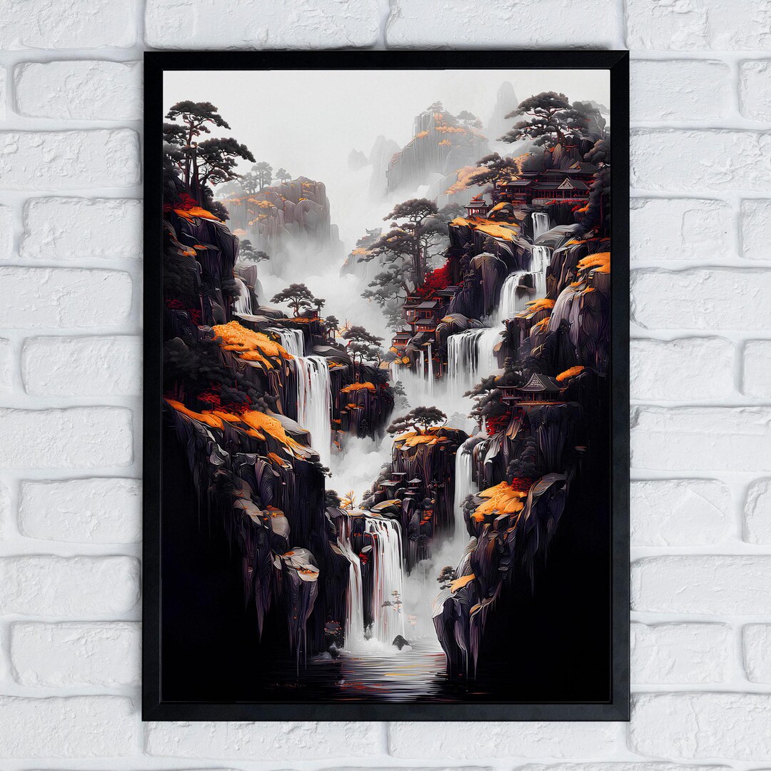 Majestic Waterfall Temple Art Print – Asian Mountain Landscape Wall ...