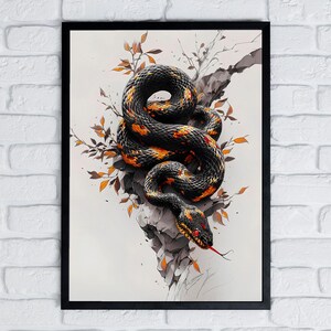 Peut inclure: Impression artistique encadrée représentant un serpent noir avec des motifs orange et jaune enroulé autour d'une formation rocheuse. Les yeux du serpent sont rouges et sa langue est fourchue. L'œuvre comprend des feuilles et des branches aux couleurs d'automne.