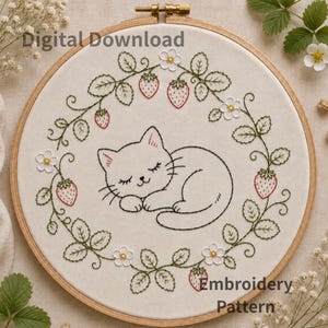 Sweet Dreams Cat Strawberry Wreath Embroidery Pattern PDF, Floral Hand Embroidery, 6 Sizes, Color Stitch DMC Guide