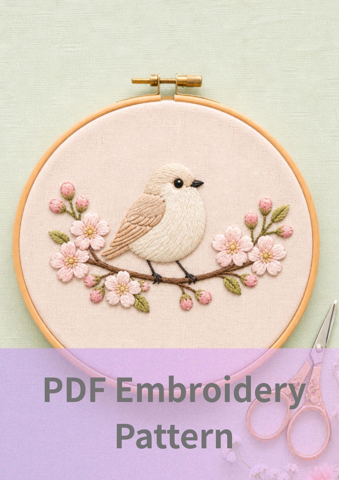 Cherry Blossom Bird Embroidery Pattern PDF Cute Spring Bird Japanese ...