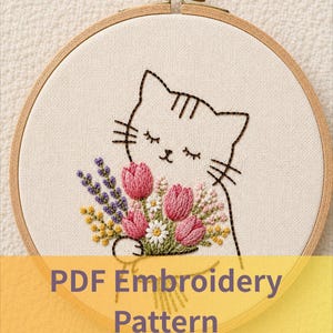 Cat Embroidery Pattern PDF, Floral Cat Design, Cute Kitty with Flowers, Beginner Friendly
