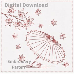May include: A red line art embroidery pattern on a white background featuring a traditional Japanese umbrella and falling maple leaves. The text Digital Download and Embroidery Pattern is visible in grey on the white background.