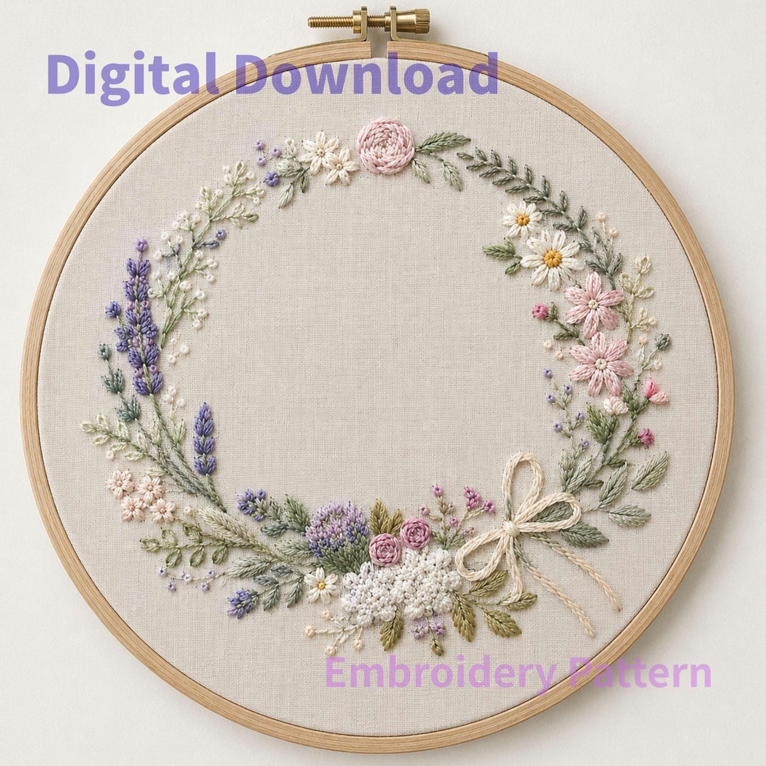 Floral Wreath Embroidery Pattern PDF | Wildflower Hand Embroidery ...