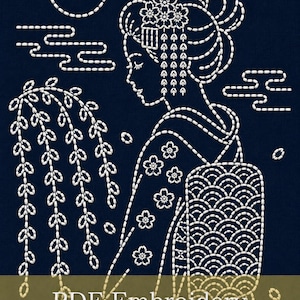 May include: A digital embroidery pattern featuring a geisha in a kimono, rendered in white stitching on a navy blue background. The design includes floral and cloud motifs, with the text "PDF Embroidery Pattern" at the bottom.
