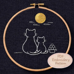 Moon Viewing Cats Embroidery Pattern PDF Dango Japanese Autumn Design
