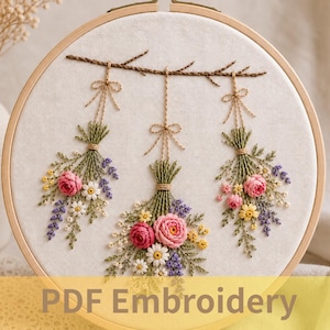 Patrón de bordado de guirnalda floral colgante, ramo de flores silvestres en PDF, 6 tamaños incluidos, ideal para principiantes.