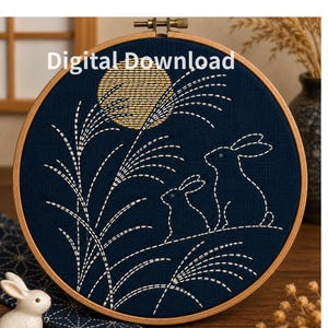 Japanese Moon Rabbits & Pampas Grass – Sashiko Inspired Embroidery Pattern