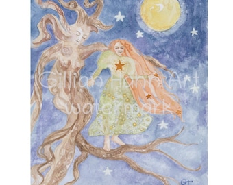Mythical Tree Watercolor Print, Folklore Art, handmade, Gillian Hahn