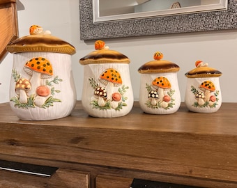 Rare Set of 4 Vintage "Merry Mushroom" Style Ceramic Canisters - Made in Japan | Vintage Canisters | 1970s
