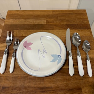 May include: A white plate with a floral design, surrounded by a set of cutlery. The cutlery includes two forks, a knife, and two spoons. The handles are white with silver accents.