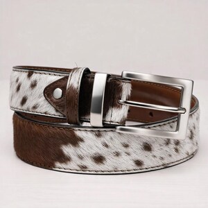 May include: A brown and white cowhide belt with a silver buckle. The belt features a spotted pattern and a brown leather backing. The buckle is a square shape with a silver finish. The belt is a stylish accessory.