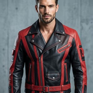 May include: Black and red leather jacket with a classic biker style. The jacket features a notched collar, multiple zippered pockets, and a belt at the waist. Red stripes and accents add a bold contrast to the black leather.