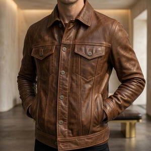 Giacca da uomo in pelle marrone / Stile biker vintage slim fit / Regalo streetwear di tendenza