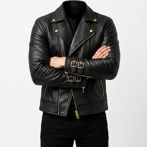Men’s Black Leather Biker Jacket – Stylish Quilted Design