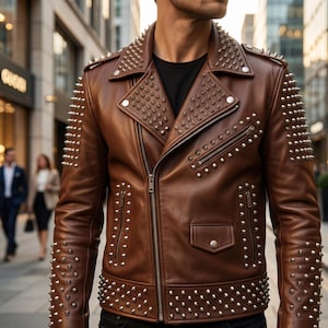 Brown Leather Jacket Men  Trendy Streetwear Slim Fit Outfit for Him
