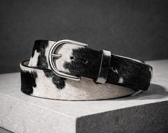 Cowhide Leather Belt, Black White Hair-on Hide, Western Style, Genuine Handmade Accessory