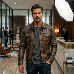 Vintage Brown Distressed Leather Jacket for Men – Stylish Classic Fashion Outerwear