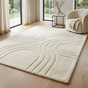 Geometrische booggebiedtapijt Japandi minimalistisch handgetuft wol crème ivoor 3D gebeeldhouwd rustig luxe pluche tapijt Aangepaste maten 8 x 10 9 x 12 ft