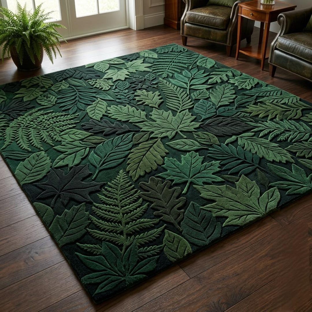 3D Dark Green Leaf Area Rug Botanical Fern Hand Tufted Wool Forest ...