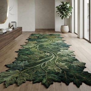 May include: A long, runner-style rug featuring a detailed, three-dimensional design of overlapping maple leaves and winding vines in various shades of deep forest green, olive, and emerald, creating a textured, organic botanical floor covering.