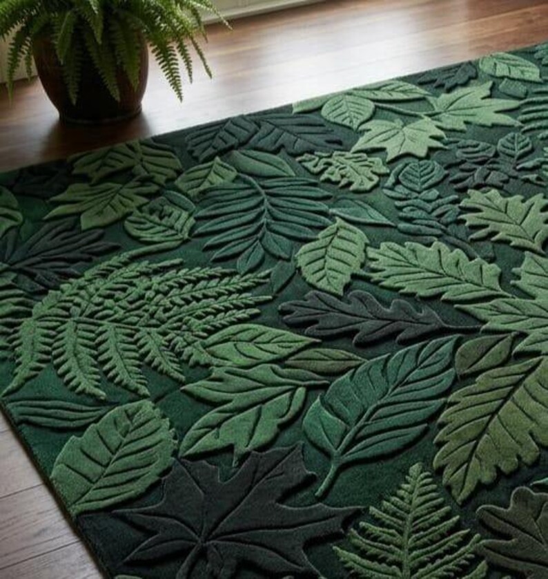 3D Dark Green Leaf Area Rug Botanical Fern Hand Tufted Wool Forest ...