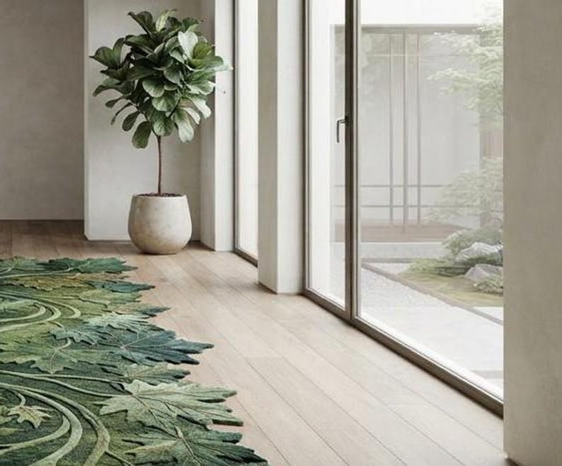 Botanical Leaf Runner Rug Japandi Biophilic Hand Tufted Thick Wool ...